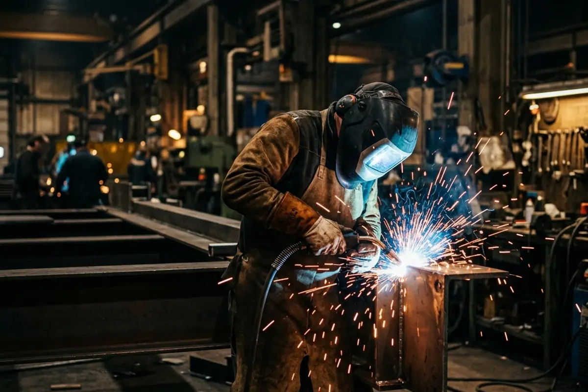 Juru las profesional sedang melakukan pengelasan
